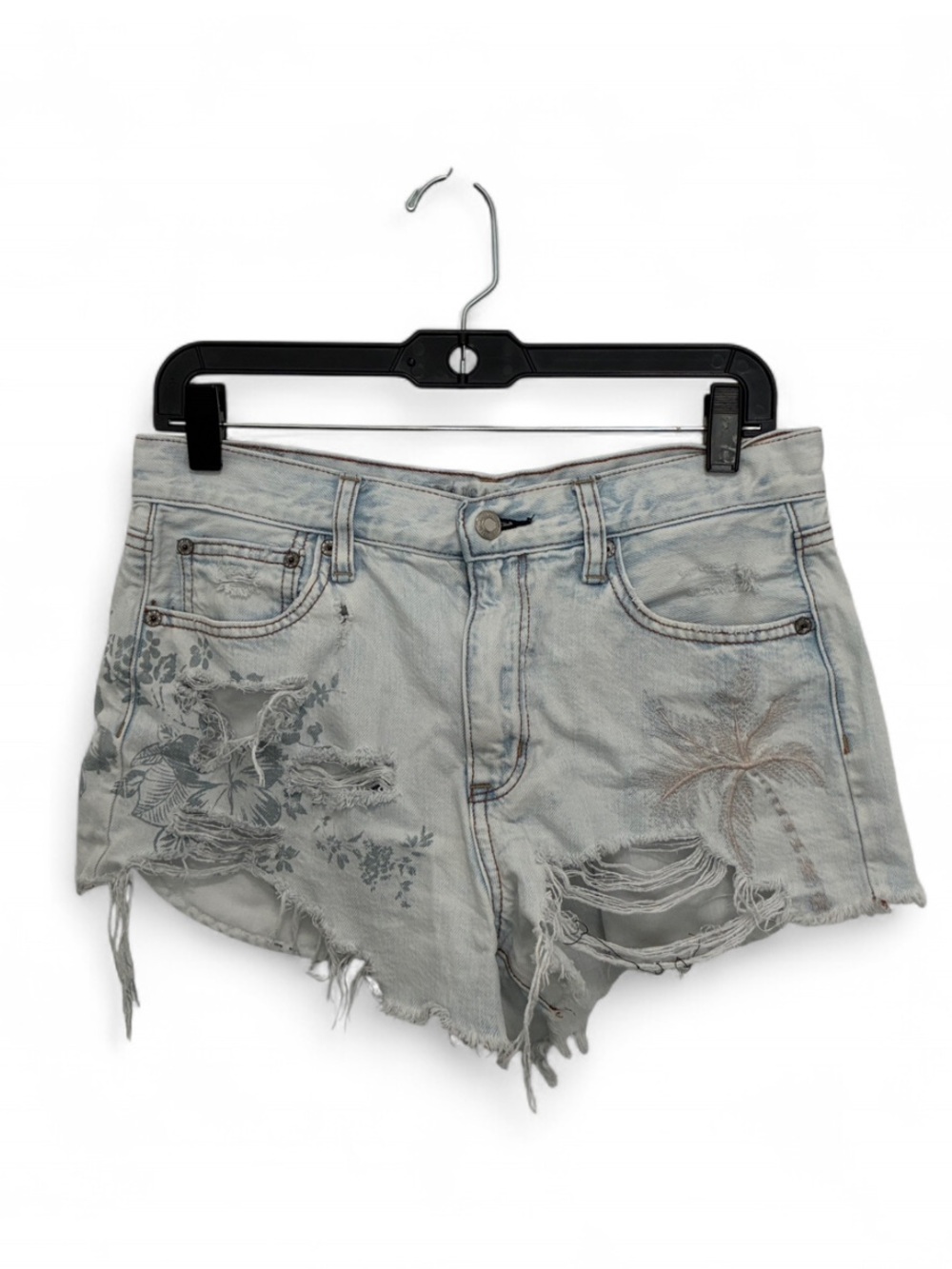 American Eagle Light Wash Distressed Denim Shorts with Beachy Embroidery